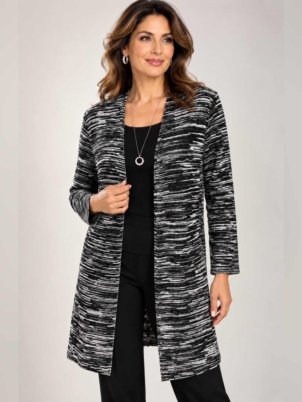 CHICO'S Black & Gray Semi-Sheer Loose Stretch Knit Open-Front Cardigan Top L 2